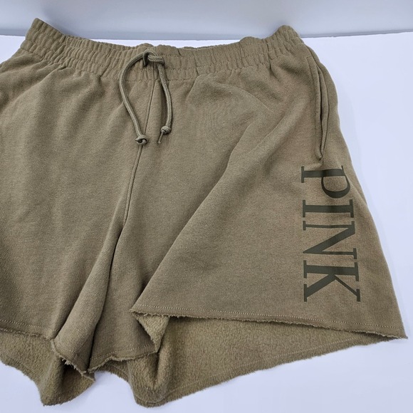 PINK Victoria's Secret Olive Green Fleece Lounge Shorts Raw Hem Womens Large - Picture 3 of 9